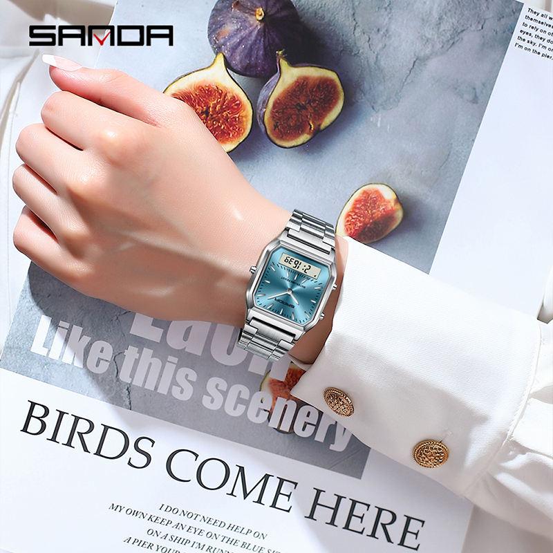 SANDA 747 Quartz Digital 5bar Waterproof Casual Fashion Unisex Watch Stainless Steel Strap Square Dial Men's Electronic Watches