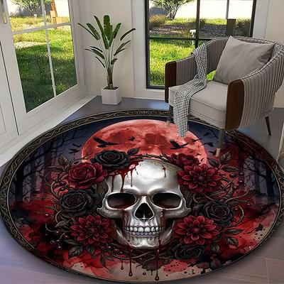 Gothic Dark Rose Skull Bloom Print Round Rug, Multi-functional Office Chair Sofa Carpet, Easy Clean Carpet for Home and Living Spaces
