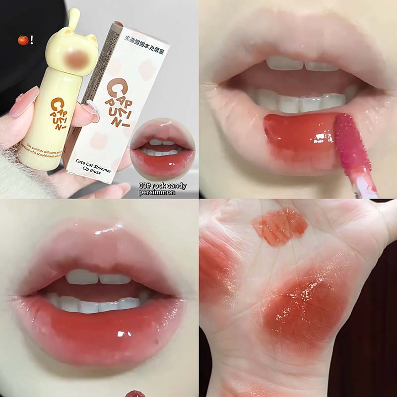 Mirror Water Lip Gloss Cute Cat Crystal Jelly Lipstick Hydrating Plumping Moisturizing Lip Tint Waterproof Non Stick Cup Makeup