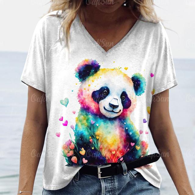 Loose Plus Size Woman Clothing Summer V-Neck Short Sleeve T-Shirts 3d Animals Panda Print Tops Women's Casual T Shirts Clothing