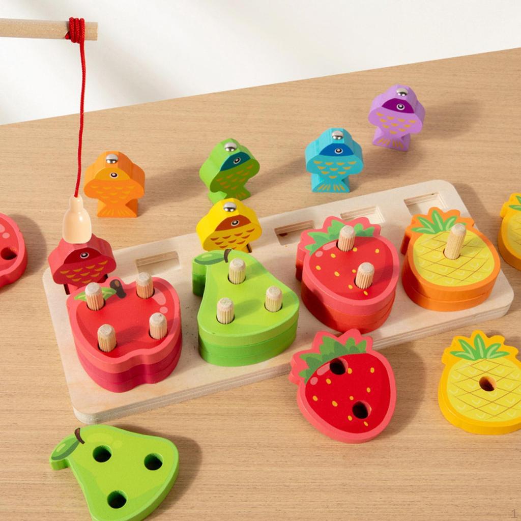 Wooden Fishing Game Toys Party Early Educational Kids Fruit Sorting Stacking