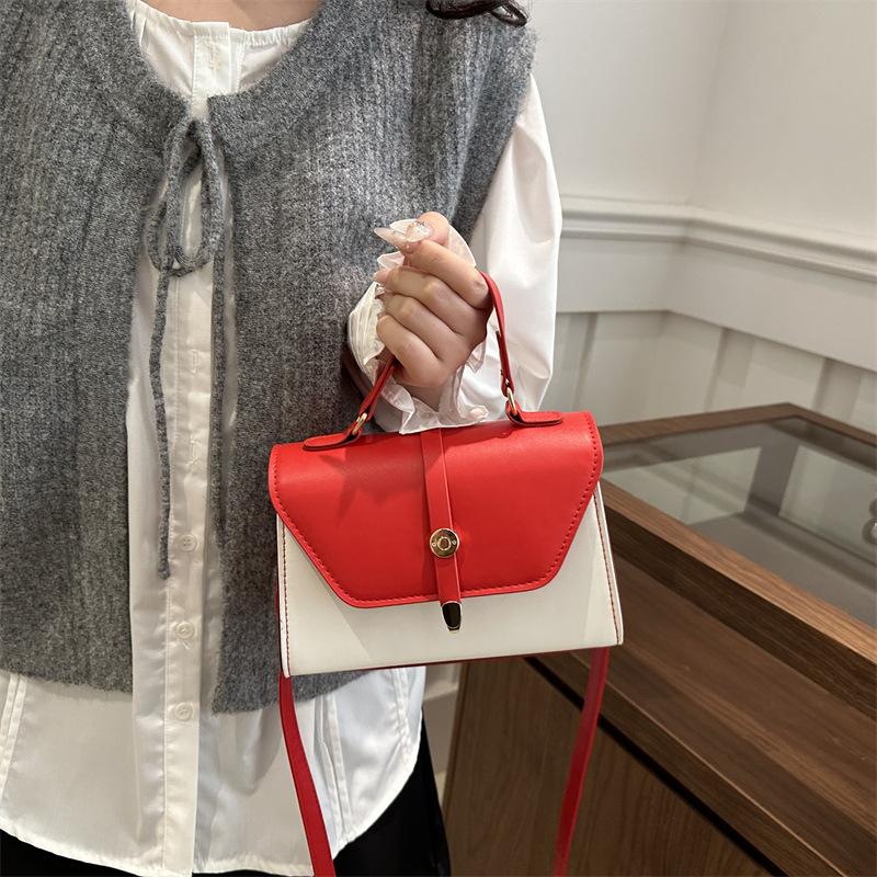 Handbag Women's Simple Belt New Texture Small Square Bag Contrasting Color Splicing Design Fashionable Messenger Bag