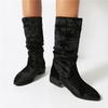 Dámské kozačky do půli lýtek s kulatou špičkou Tlusté nízké podpatky plisované křišťálové stručné značkový design dámská móda obuv zimní černá 46