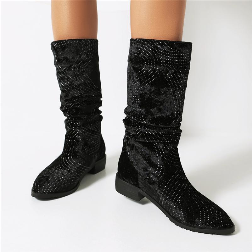Dámské kozačky do půli lýtek s kulatou špičkou Tlusté nízké podpatky plisované křišťálové stručné značkový design dámská móda obuv zimní černá 46