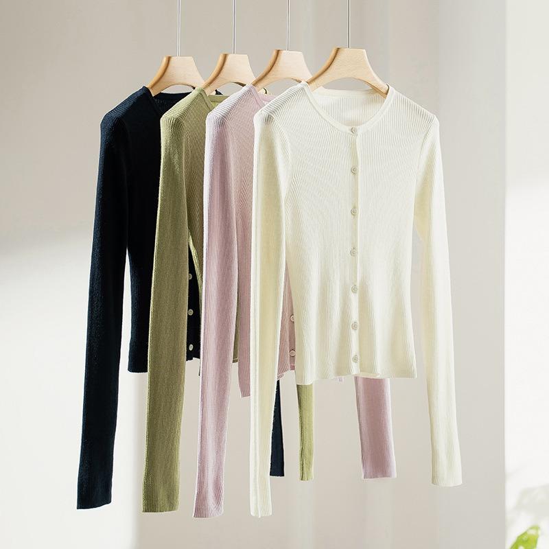 Skinny Round Neck Slim-fit Knitted Cardigan Women's Early Autumn Thin Thin Pit Strip Inner Bottoming Shirt Top
