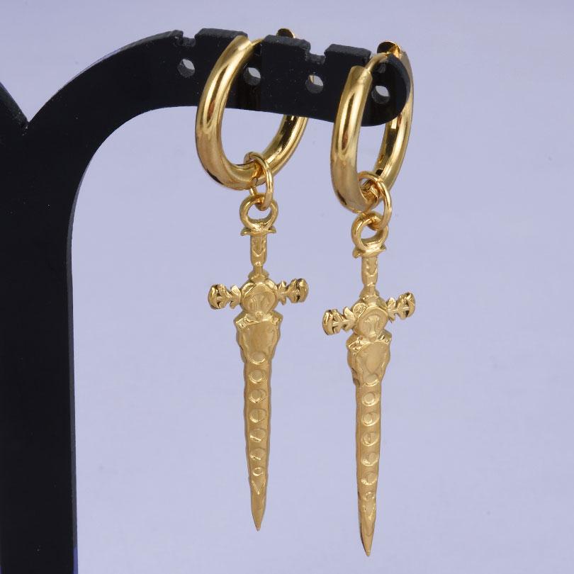 1 Pair Gold Color The Sword Evil Eye Sun Earrings For Women Men Accessories Round Hoops Stainless Steel Earring Religious Cross