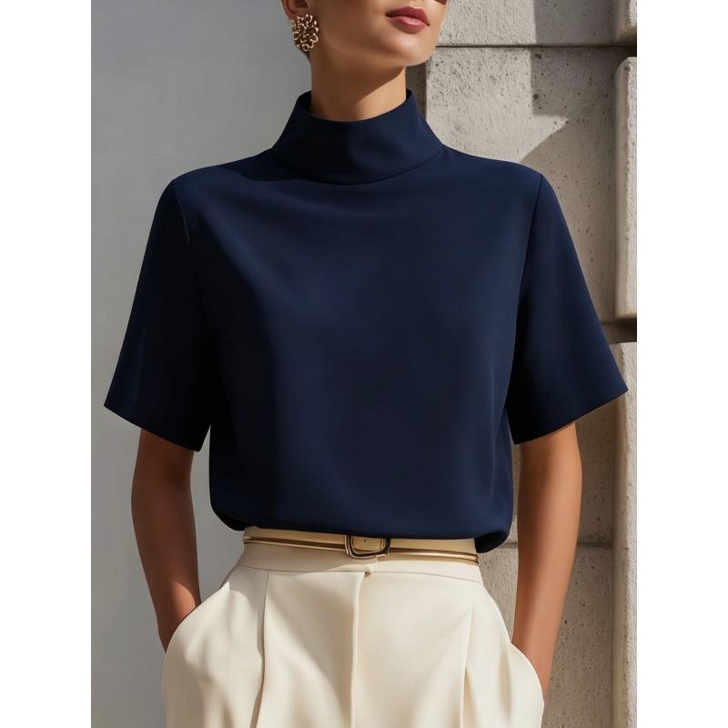 GMXIA Women's Fashion Stand-up Collar Short Sleeve Summer Spring Casual Blouses & Shirts
