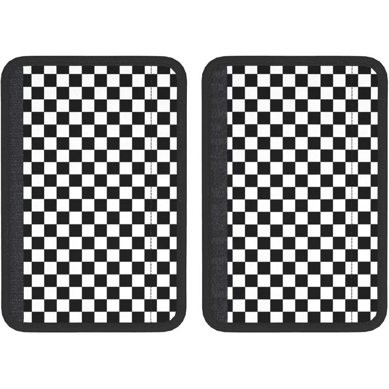 Black White Checkered Print Seatbelt Pads Fits Cars Trucks SUV Sedans Air Permeability Car Seatbelt Strap Cover, Racing Pattern Auto Interior