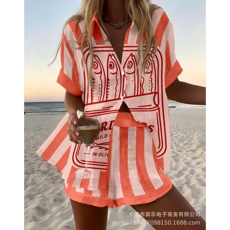 Conjunto de pantalones cortos de playa y camisa de manga corta para mujer, multicolor, vida marina, ocio, vacaciones, conjunto de dos piezas