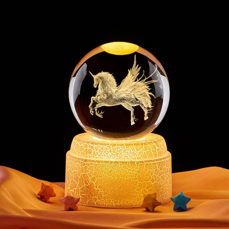 Unicorn Wing 3D Crystal Ball Night Light with Rotating Colorful LED Bluetooth Base