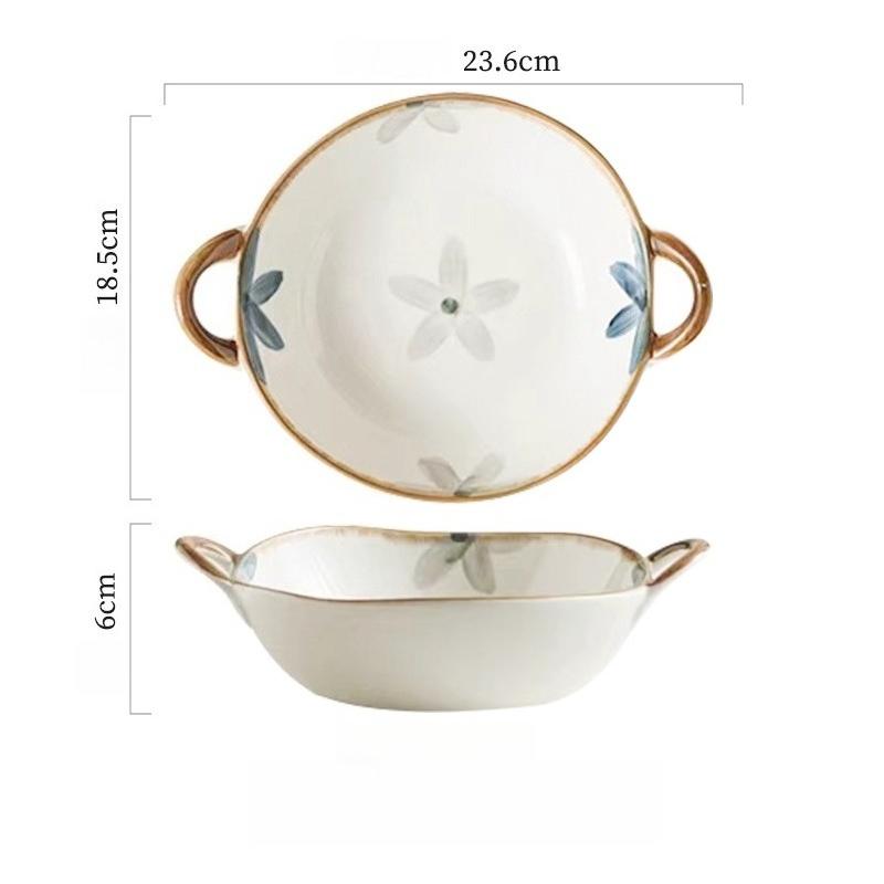 Keramik-Suppenschüssel im japanischen Stil mit Griff 800ml, Unterglasurfarbenes florales Serviergeschirr für Eintopf, Pasta, Müsli, Mikrowellen- und ofenfest, 1 Stück