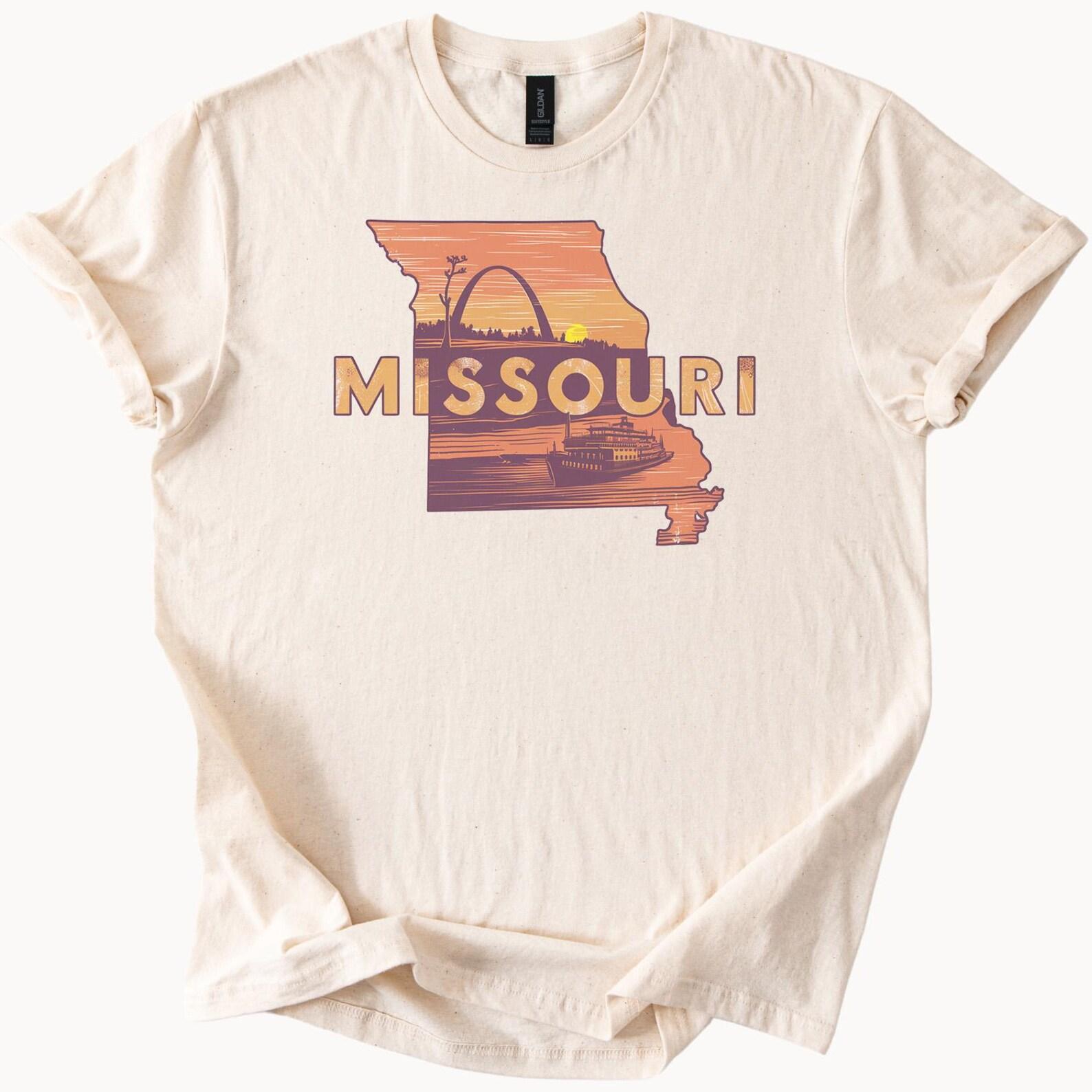 Missouri State Outline Graphic T Shirt with St Louis Arch Riverboat and Sunset Scenic Missouri Souvenir Shirt Missouri Gift Tee 160