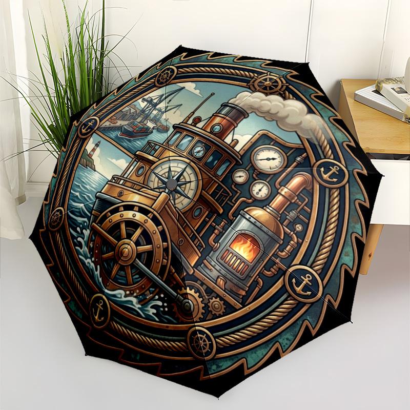 Steamboat Adventure pattern umbrella, portable and foldable design, 8 ribs, a casual accessory for Halloween, Christmas, and birthday gifts.