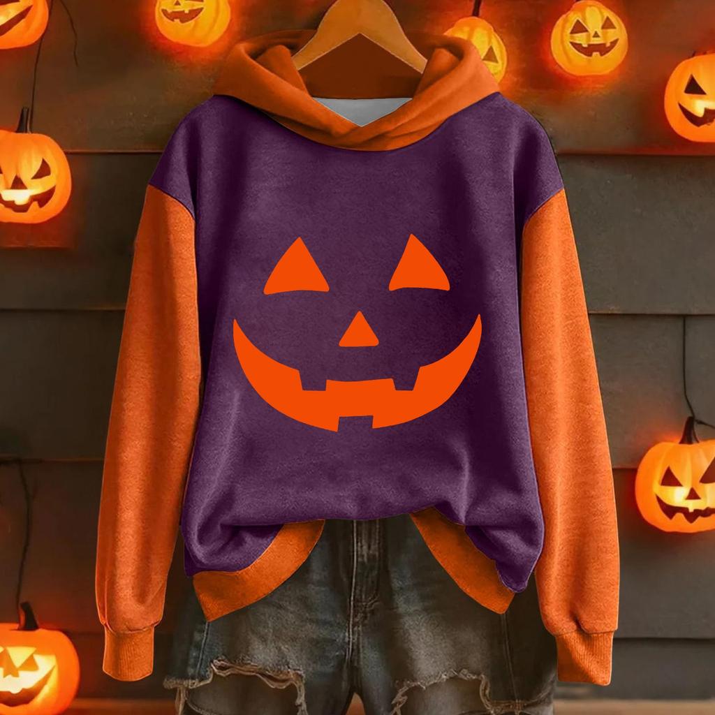 Ladies' Casual And Fashionable Halloween Printed Long Sleeved Hooded Warm Shirt Loose And Comfortable Hoodie