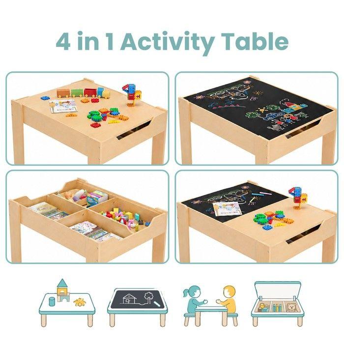GINGER HOME Wooden Children's Table with 2 Chairs, Drawing Board and Storage, 82x60.5x48 Cm