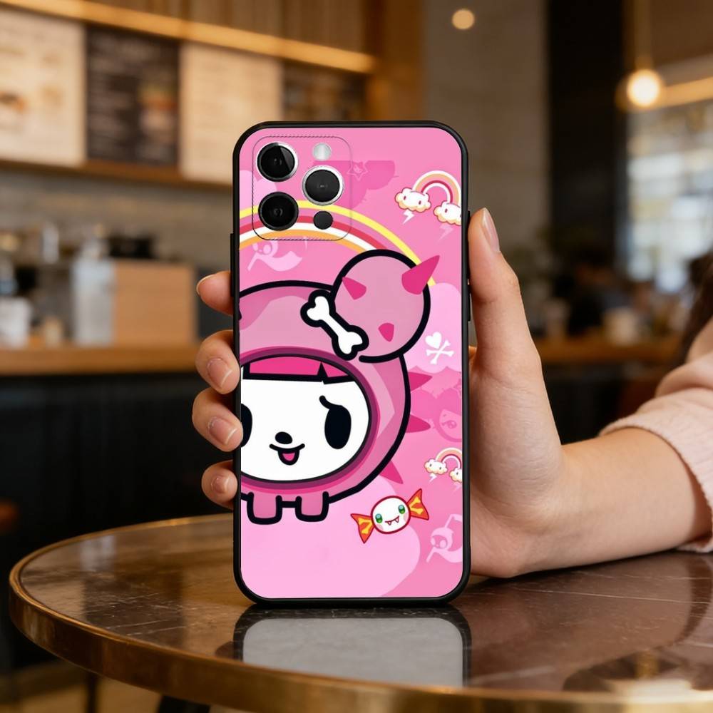 Japan T-Tokidokis CUTE Phone Case For iPhone 17,16,15,14,13,12,11 Plus,Pro Max,Soft Silicone Black Cover