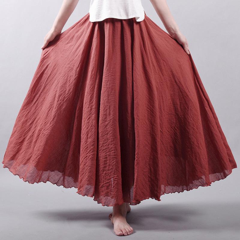 Women's Elegant High Waist Linen Maxi Skirt Summer Ladies Casual Elastic Waist 2 Layers Skirts Saia Feminina