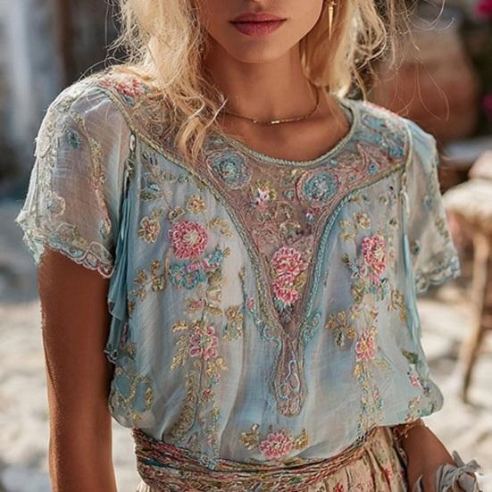 Women Tops Round Neck Short Sleeve Pullover Tops Loose Fit Faux Pearls 3D Floral