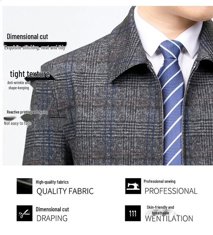 Men's Wool Cashmere Plaid Jacket - Autumn/Winter Business Casual Zip Coat