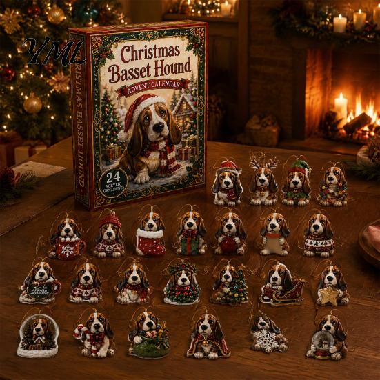 Regalo Diario 2026 Calendario de Adviento para Perros, Calendario de Cuenta Atrás Navideña de 24 Días con Colección de 24 Adornos Colgantes Acrílicos Festivos de Cachorros, Dibujos Animados 2D
