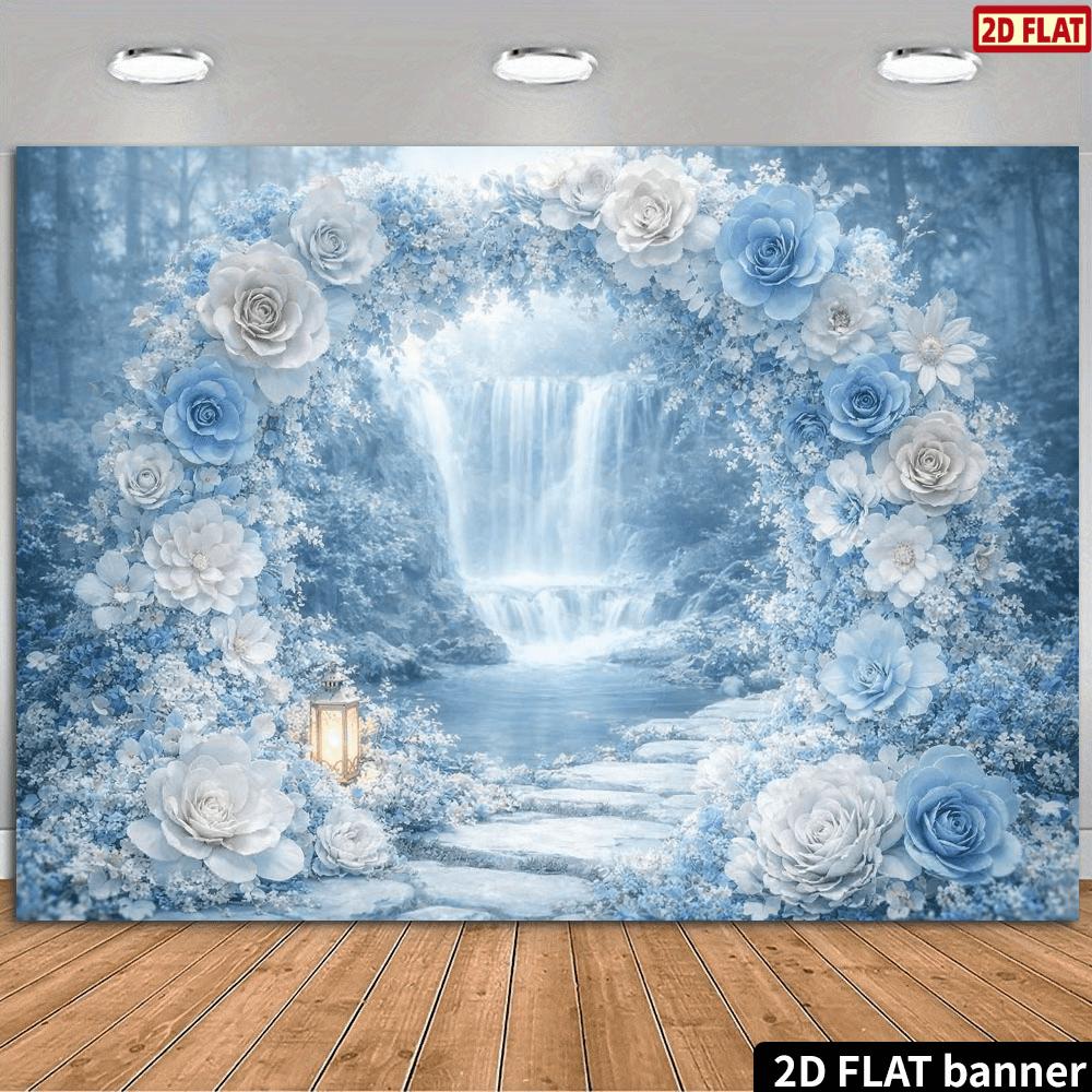 1 Piece of Blue and White Wedding Backdrop Wall with a Fresh Blue Tone Perfectly Blending with White Floral Arrangements