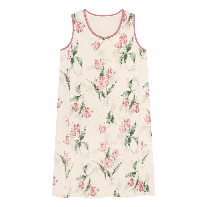 Cute Cartoon Summer Cotton Nightgown with Removable Pads for Women