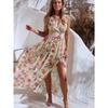 Fashion V Neck Sleeveless Floral Printed Chiffon A-line Dress Elegant Women Vacation Beach Casual Simple Split Party Long Dresses Female Clothing