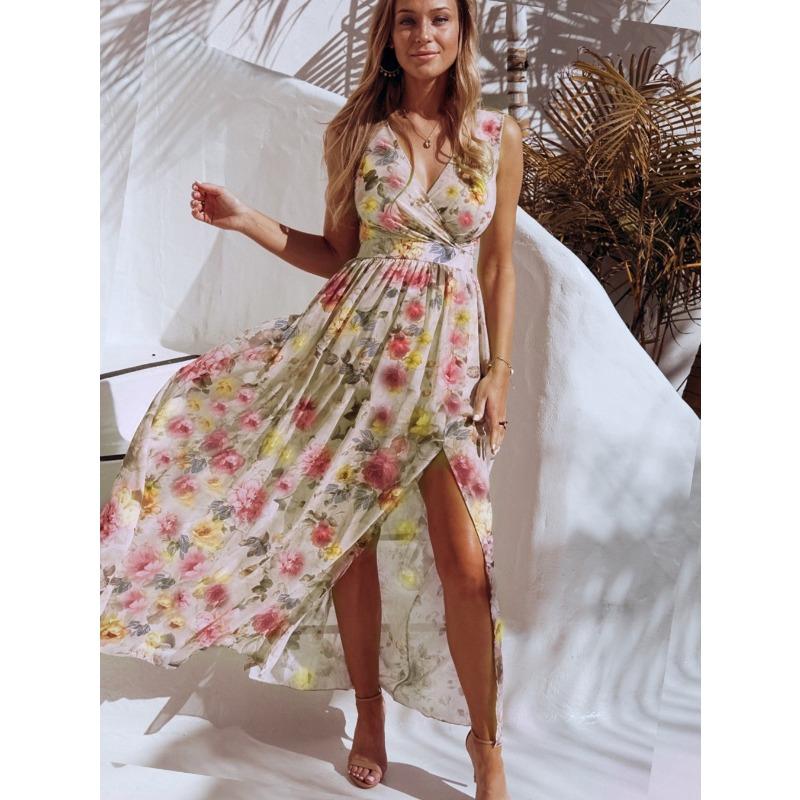 Fashion V Neck Sleeveless Floral Printed Chiffon A-line Dress Elegant Women Vacation Beach Casual Simple Split Party Long Dresses Female Clothing
