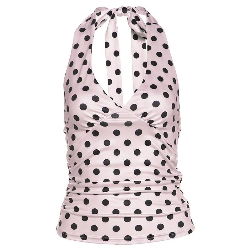 Halter V-Ausschnitt Weste Damen Y2K Schnürung Rückenfrei Polka Dot Print Skinny Sommer Mode Täglich Straße Basic Tanktops