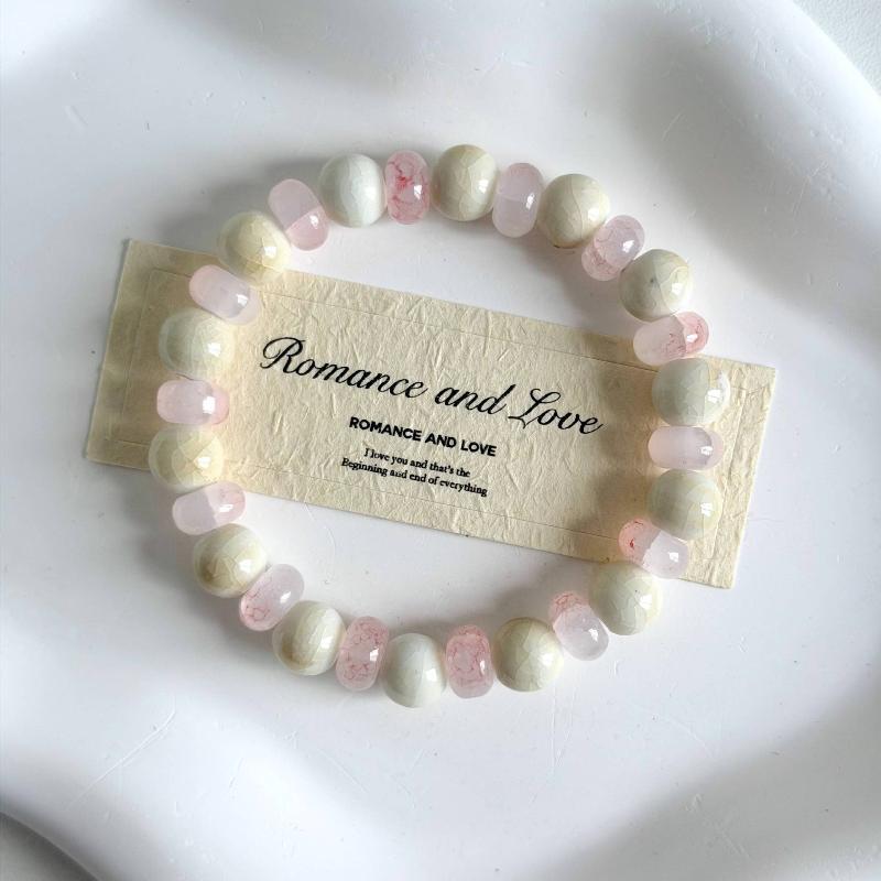 Boho Keramik Perlen Armband für Damen Zartrosa Rund mit Marmor Quadratischen Perlen, Elastisches Dehnbares Design für den Alltag & Geschenk