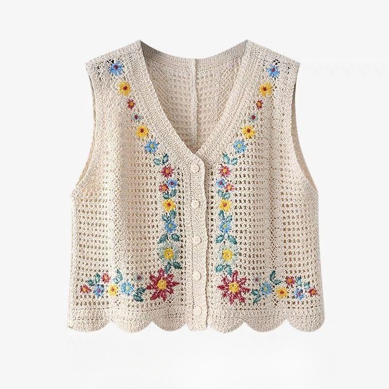 Floral Embroidery Women's Vest Hollow Crochet Sleeveless Ladies Knitted Sweater Stacking Woman Autumn Trendy Casual Tops