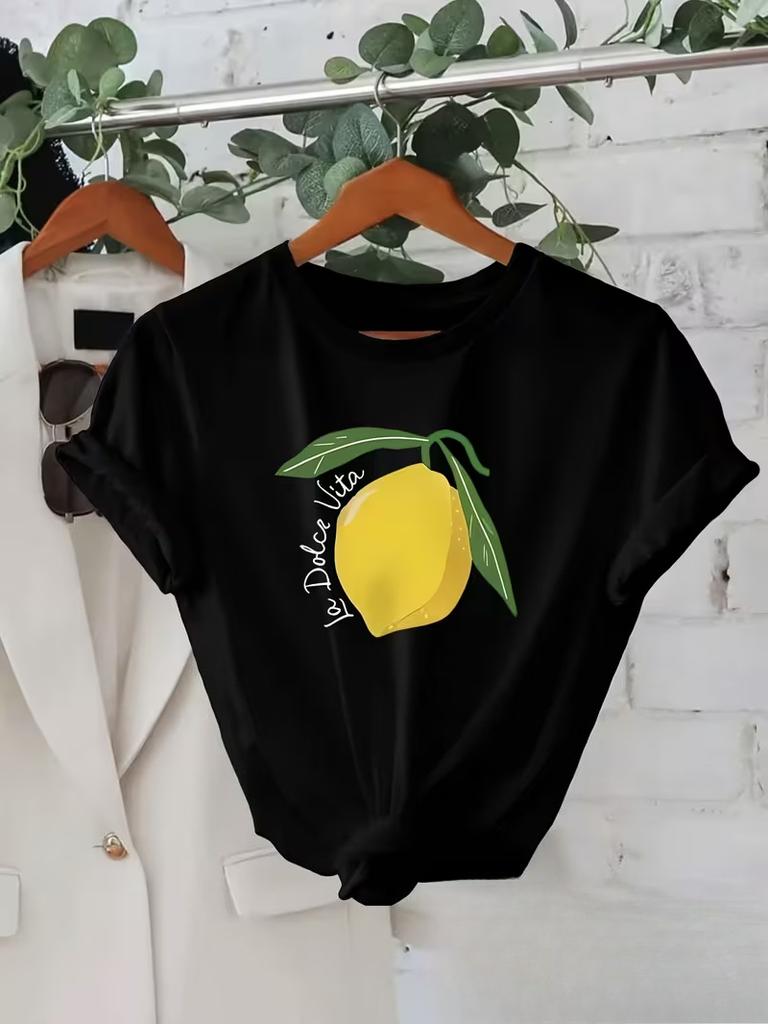 WomenS Lemon Print TShirt Lightweight Breathable Short SleeveWhite with Yellow Lemon Design Perfect for Casual Attire