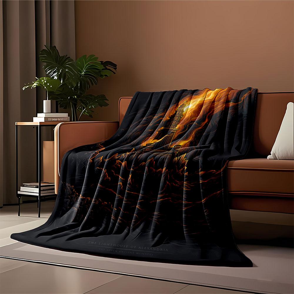 A fiery lighthouse towers over turbulent waves in a dark, stormy setting. for all seasons blanket lunch break throw gift