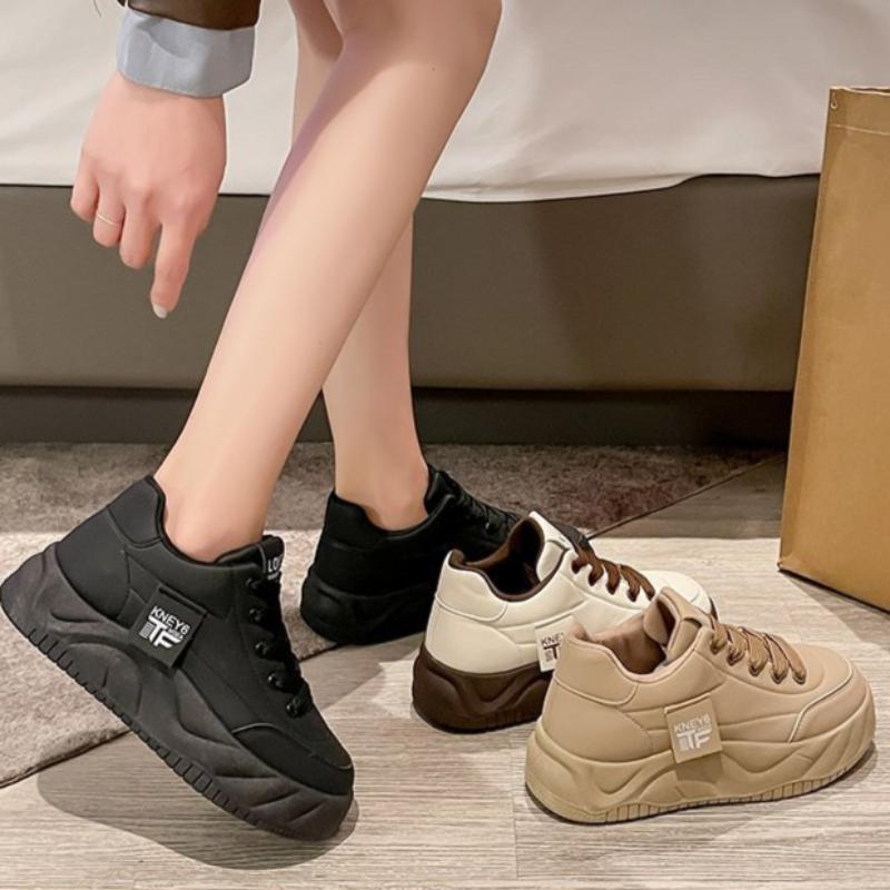 Autumn and Winter Women's Thick-soled Sneakers, Women's Sneakers, White Sneakers, Low-top Round-toe Lace-up Casual Shoes
