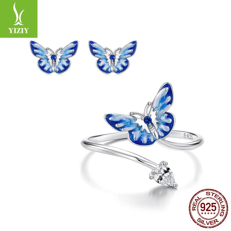 S925 Sterling Silver Spring Butterfly Open Ring Earrings Jewelry Set Women'S Niche Design Light Luxury