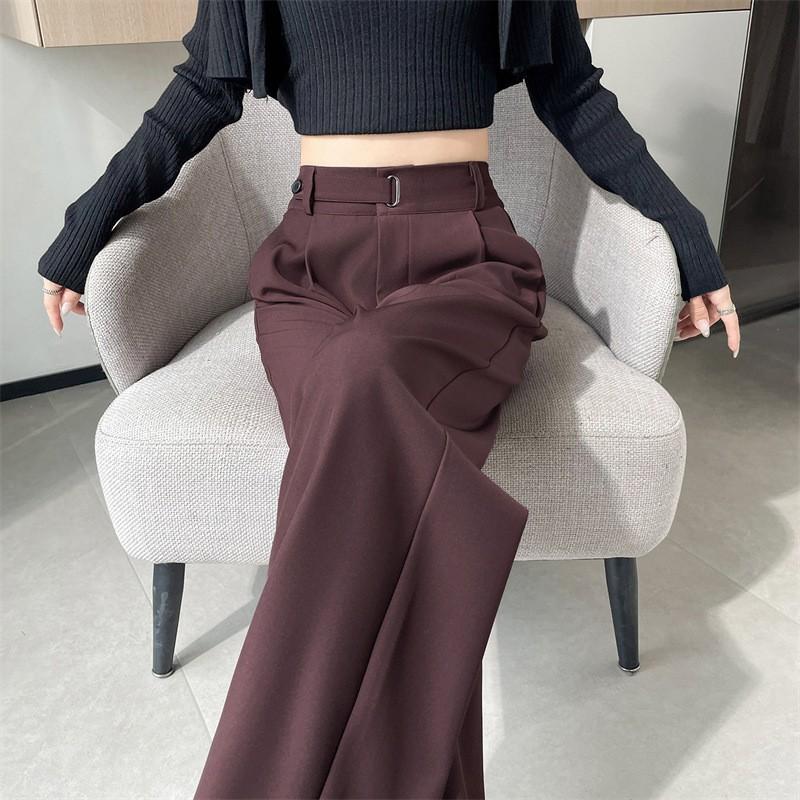 Womens High-Waisted Wide-Leg Trousers Slim Fit Tailored Pants Office Wear Gray