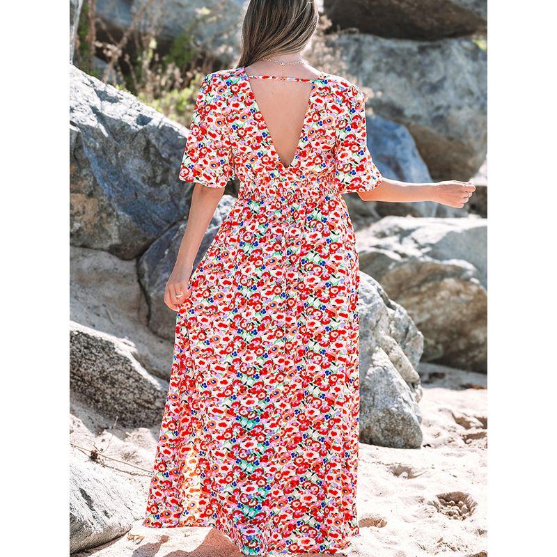 US Shiying Summer New Arrival Florals Backless Dress Female 2025 Seaside Vacation Style Side Slit Dress