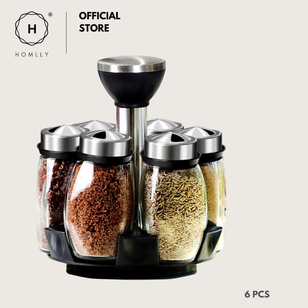 Homlly Rotary Glass Condiment Spice Bottle Stand Set (6pcs)