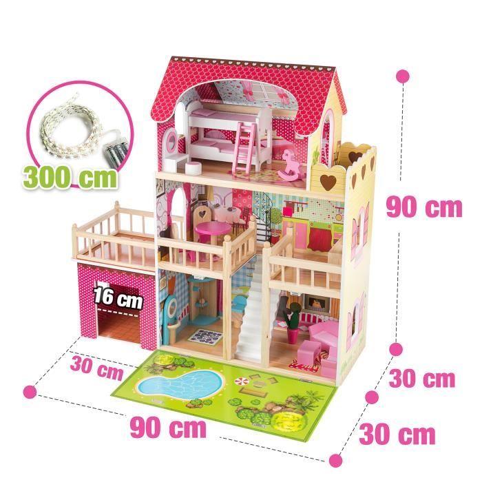 Maison De Poupée - Kinderplay - Grande Maison En Bois - 90 Cm - 9 Pièces - Lumière Intégrée
