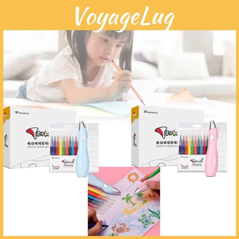 Spray Electric Paint Pen Airbrush Set Children 12 Felt Pens 19 Drawing Stencils