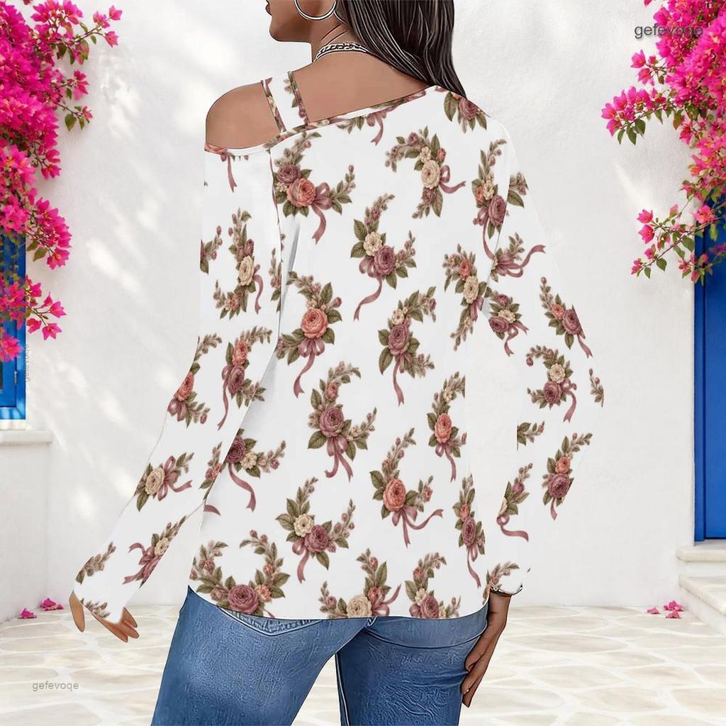 Women Plus Size White Floral Printed Asymmetric Cutout Neck Cold Shoulder Long Sleeve Fitted Top