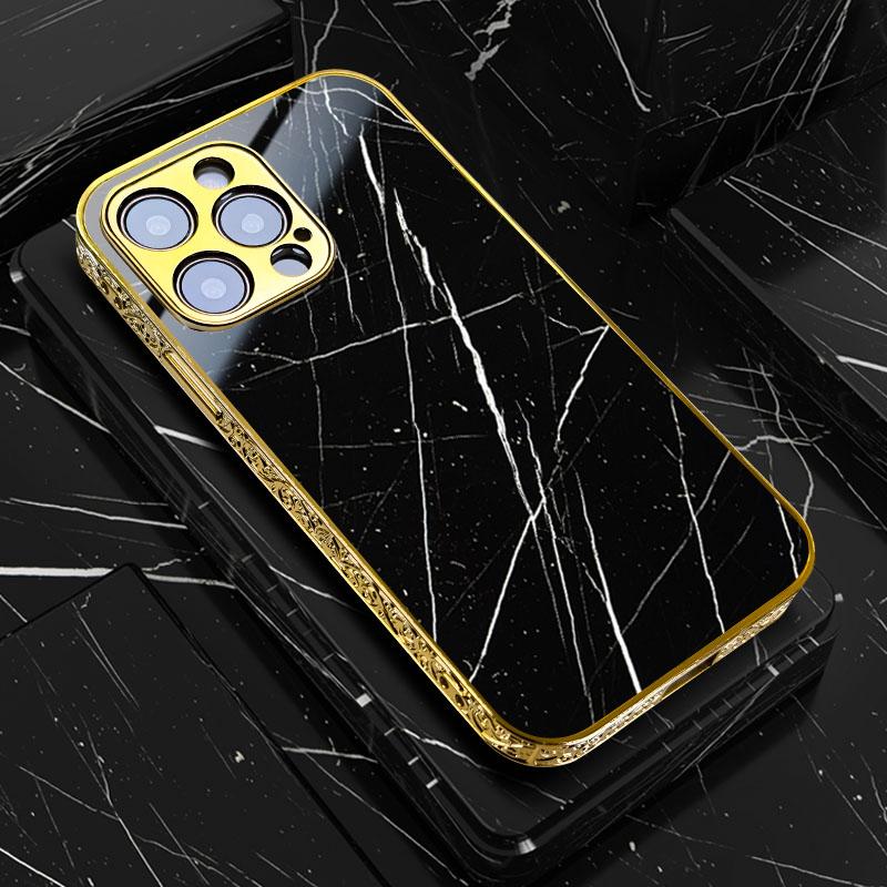 Golden Edge Black Marble Case For iPhone 17 Protective Camera Durable Cover For iPhone 16 15 14 13 12 11 Pro Max 3D Texture Grip iPhone 14