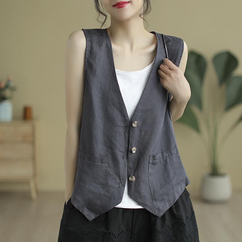 Women's V-Neck Cotton Linen Waistcoat - Sleeveless, Lightweight Summer Outerwear