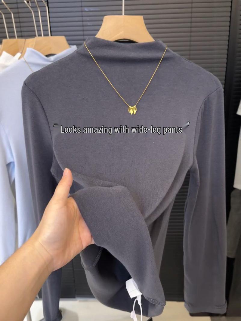 

Women s Stylish Long-Sleeve Half-High Collar Top: Slimming, Versatile, Solid Color Base Layer for Fall and Winter L [100-120 lbs]