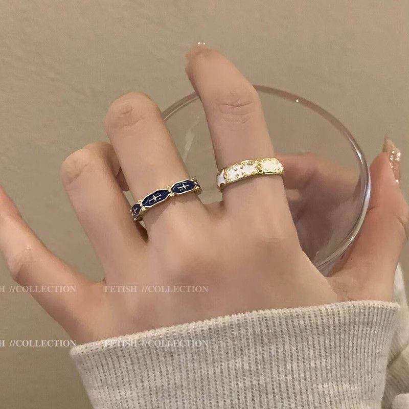 Retro Enamel Oil Drop Pattern Ring Women's Ins Niche Design Blue Index Finger Ring Fashion Personality Versatile Ring