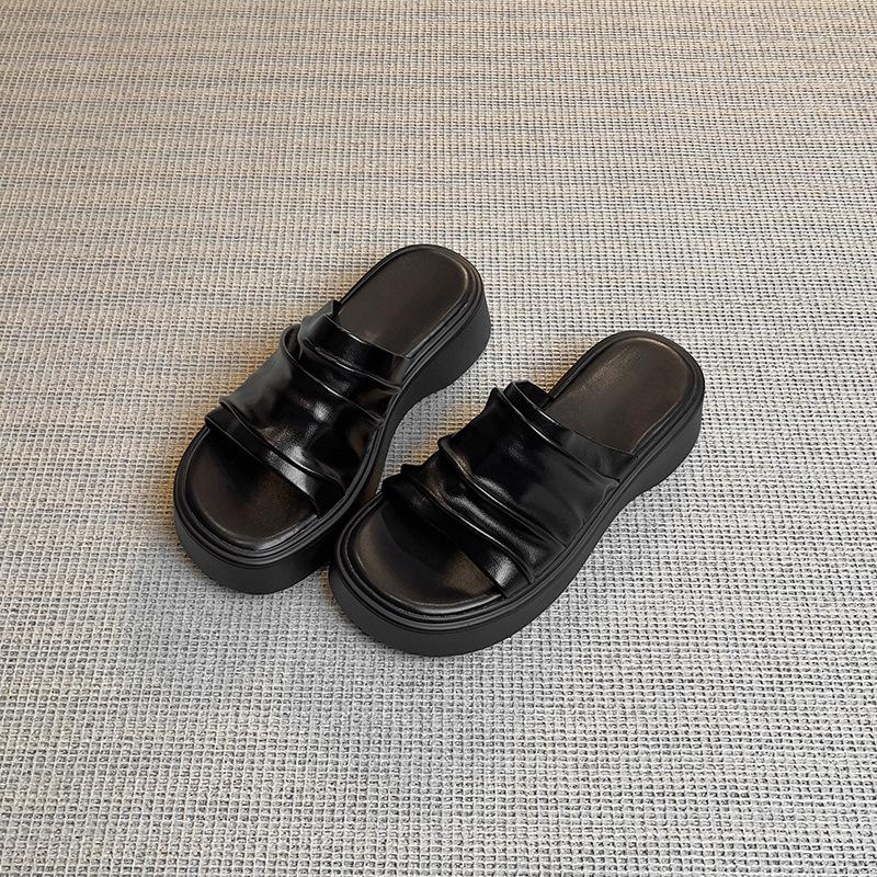 

Slack thick-soled Bangkok drag summer new pleated holiday wind outside wear drag women s one-pedal retro soft-soled sandals 35 чёрный