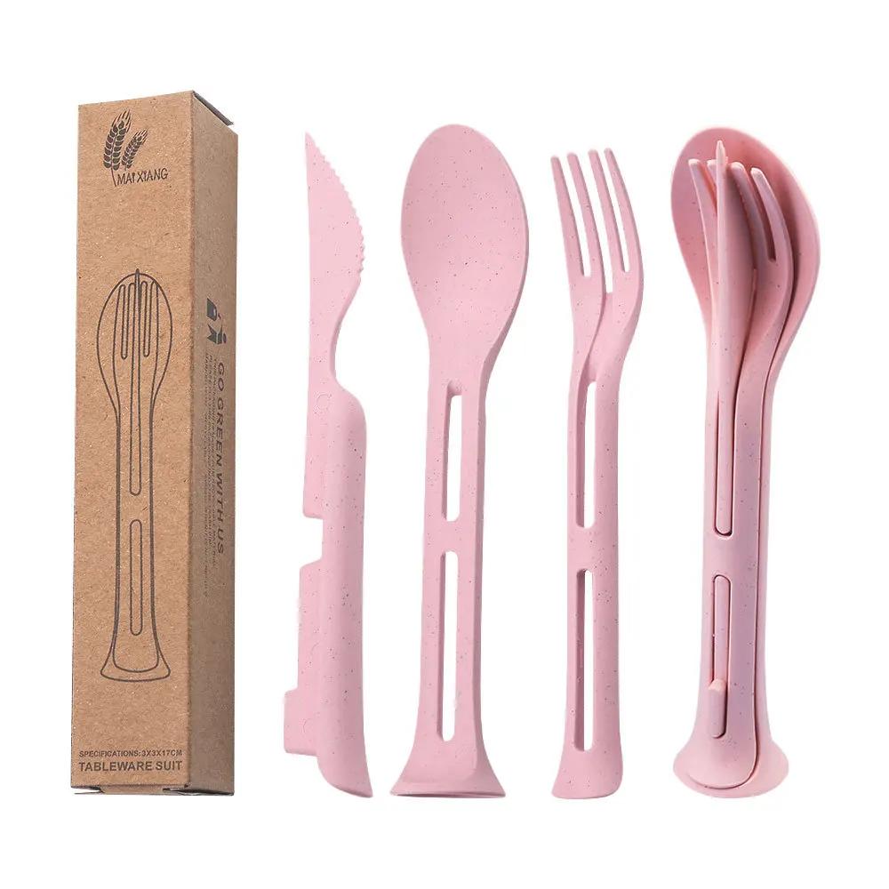 1 Sets Wheat Straw Portable Knife, Fork, Spoon Set for Home Outdoor Fresh Three Piece Set for Travel Folding Wheat Tableware