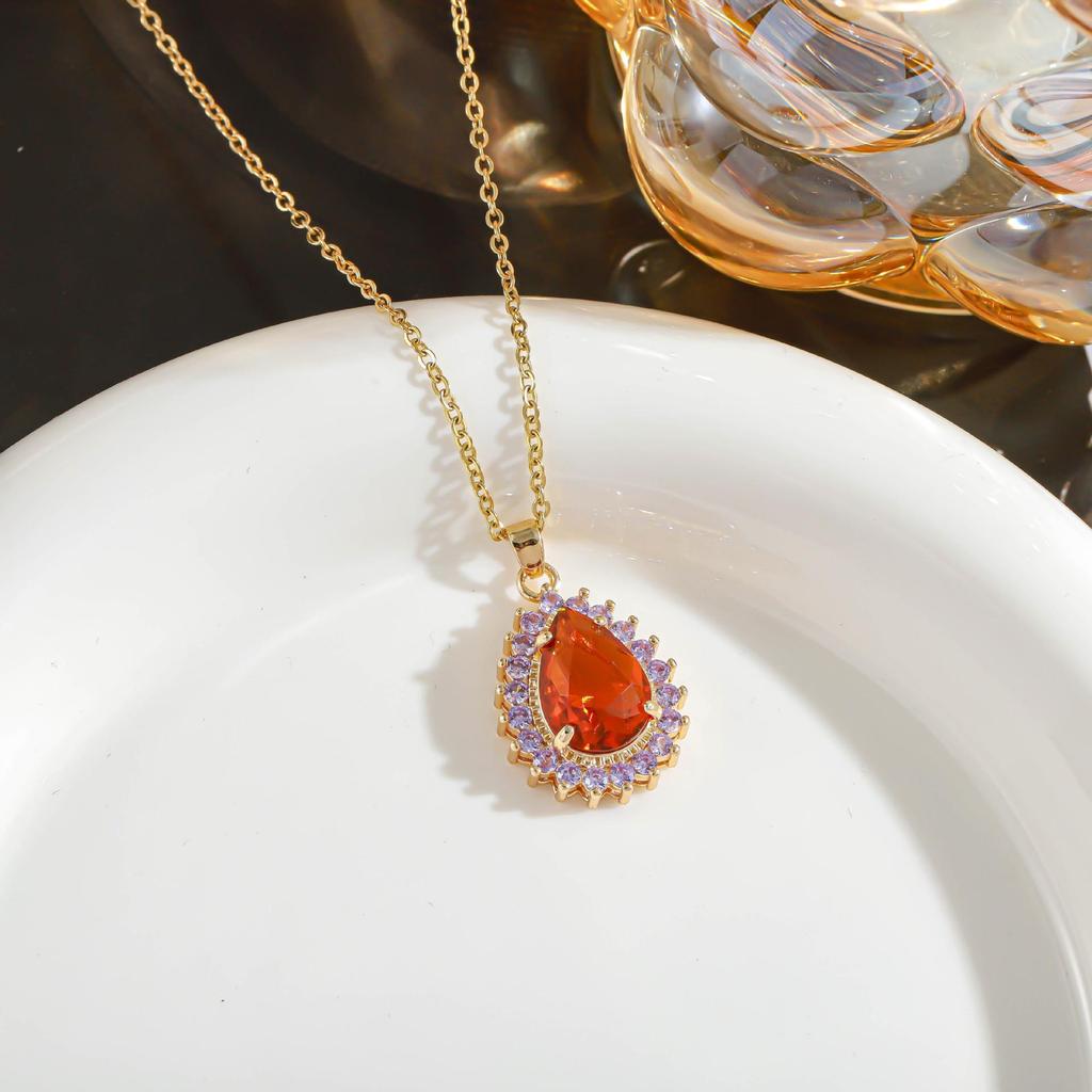 Colorful Crystal Water Drop Necklace with Zircon Inlay and 18K Gold-Plated Clavicle Chain