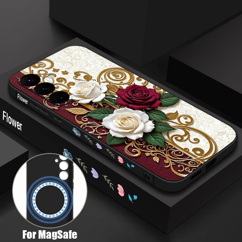 

Luxury Vintage Floral Case For Samsung Galaxy S26 S25 Ultra S24 S23 FE S22 Plus S21 Built-in Metal Plate Magnetic Silicone Cover Samsung S25 Plus