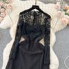 High-Grade Lace Dress Royal Sister Young Sle Sexy Perspective Long sleeve Patchwork Slim fit Mid-Length Chiffon